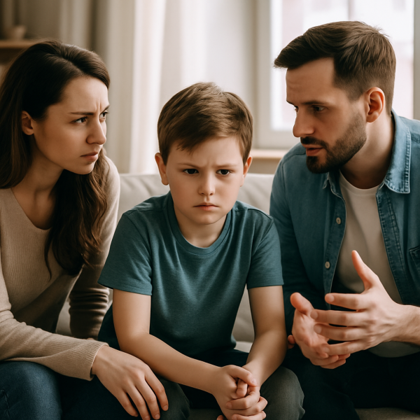 تصویر واقعی از پدر و مادر نگران در حال صحبت با پسرشان درباره مشکلات رفتاری