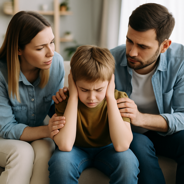 پدر و مادری در حال آرام کردن پسر خردسال‌شان که از شدت خشم و ناراحتی گوش‌هایش را گرفته توضیح مختصر: والدینی که با آرامش و مهربانی، کودک خشمگین خود را روی کاناپه آرام می‌کنند