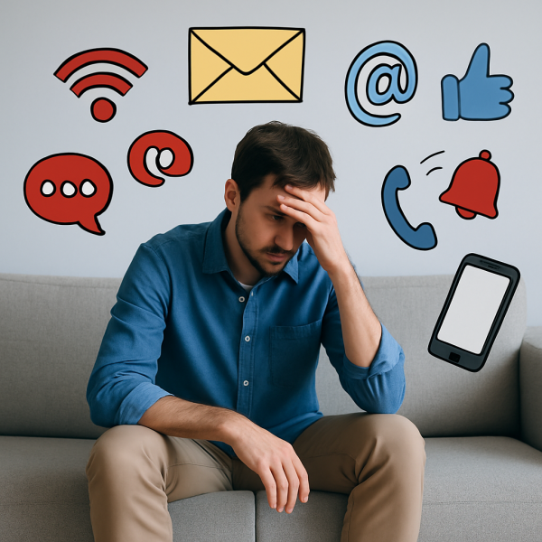 مرد خسته با پیراهن جین آبی و تی‌شرت سفید، نشسته روی مبل خاکستری با حالت ناراحت