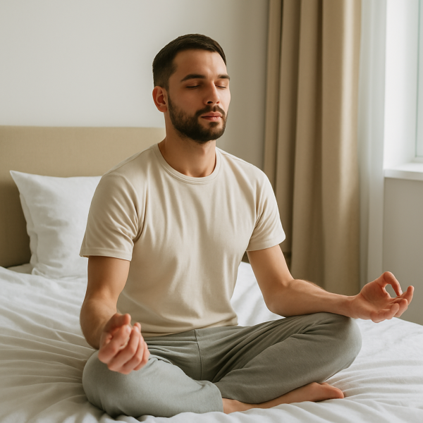مردی در حال مدیتیشن صبحگاهی در تخت، با چهره‌ای آرام و چشمان بسته