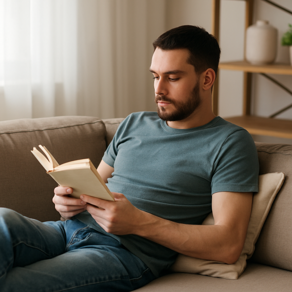 مردی که روی کاناپه نشسته و در حال کتاب خواندن است.