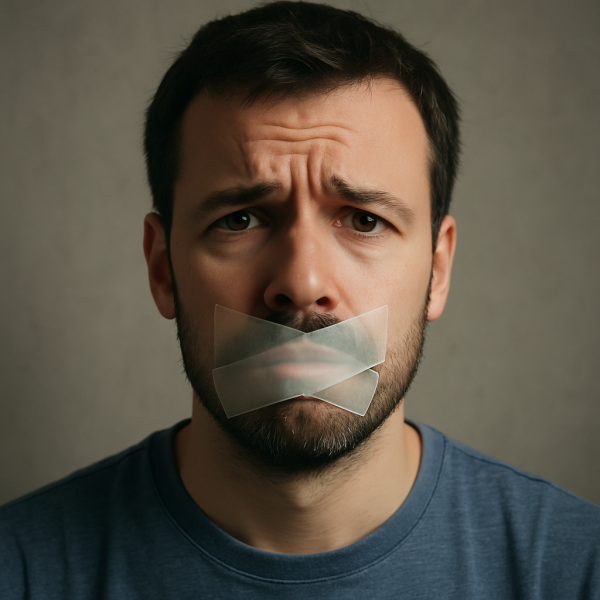 پرتره مرد مستأصل با نوار چسب روی دهان، نماد انکار خود و سرکوب احساسات