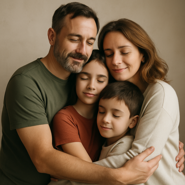 یک خانواده‌ چهارنفره شامل پدر، مادر، دختر و پسر در آغوش هم با چهره‌هایی آرام و چشم‌های بسته
