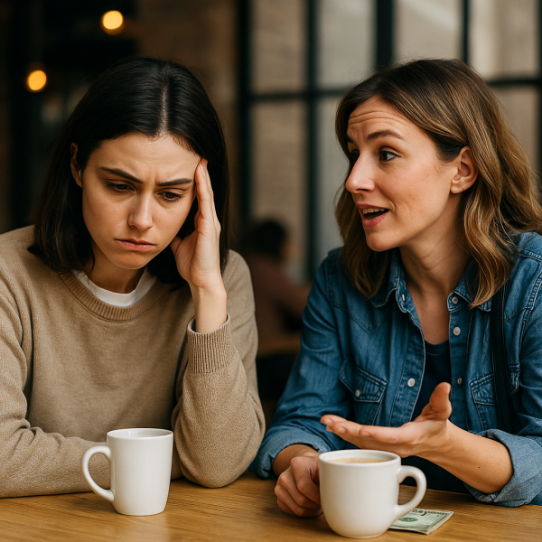 دو زن جوان در کافه، یکی ناراحت و دیگری در حال صحبت، نماد حسادت در روابط دوستانه