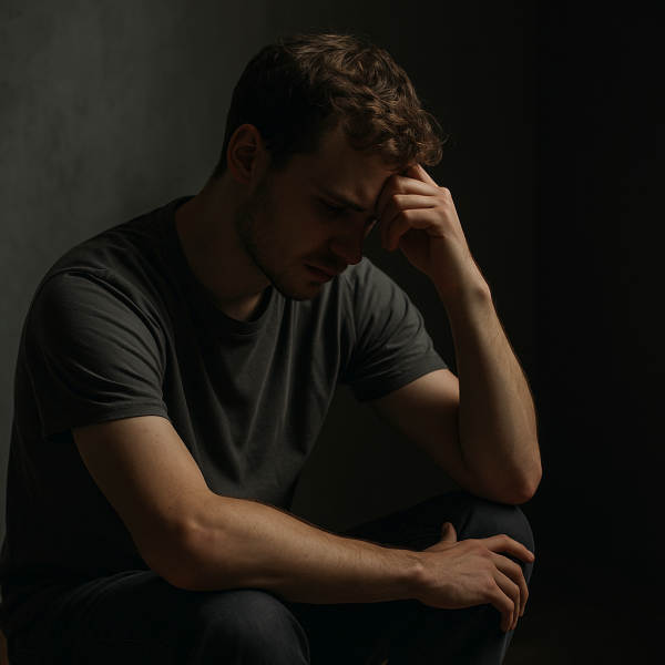 تصویر واقعی یک انسان متفکر در نور نرم، نماد ذهن قربانی و لحظه‌ی آگاهی.