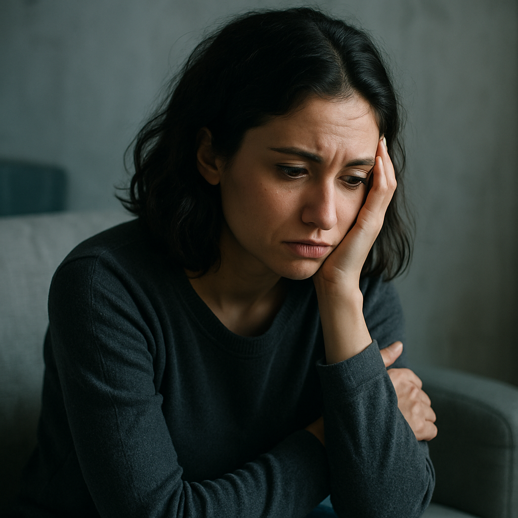 زن جوانی که در فضایی کم‌نور نشسته و حالت چهره‌اش نشان‌دهنده غم و تأمل است.